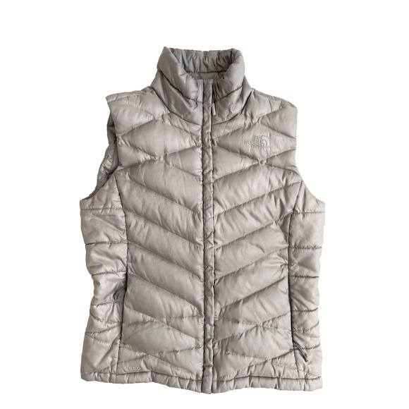 The North Face Down Vest 550-Fill Women M Full Zip Pockets Silver Gray Quilted - Picture 1 of 11
